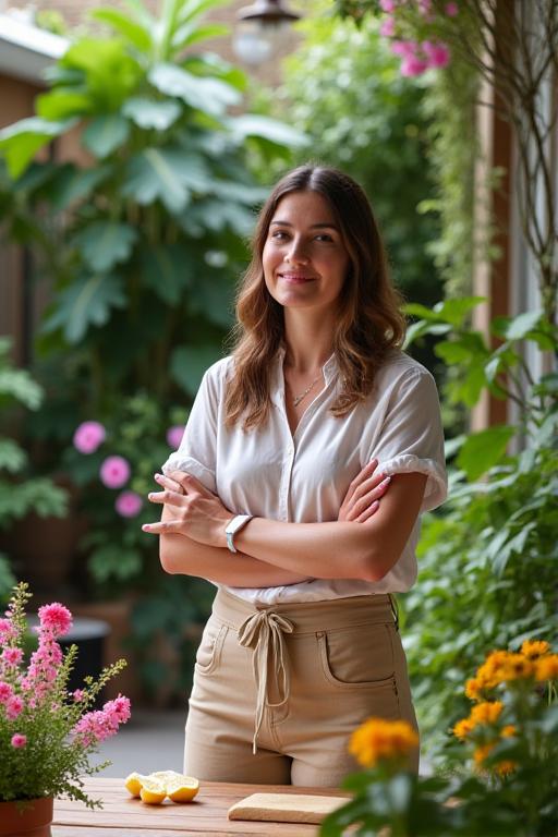 A host presenting in a beautifully designed urban garden space.
