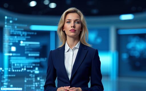 A news anchor delivering a report on groundbreaking technology.